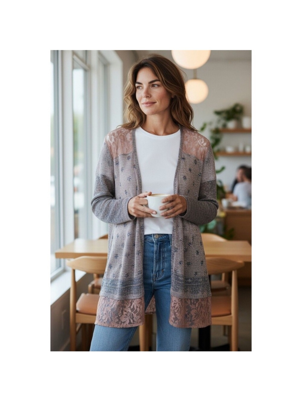 Multiples Embellished Lace-Trim Open Cardigan in Dusty Rose and Gray NWOT